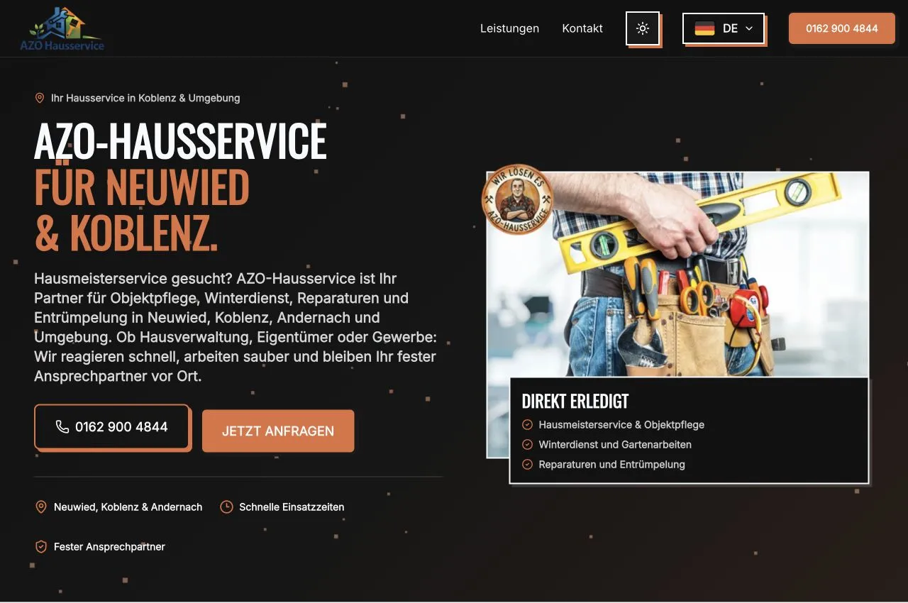 Screenshot der AZO-Hausservice-Website mit Leistungsdarstellung und direktem Kontakt