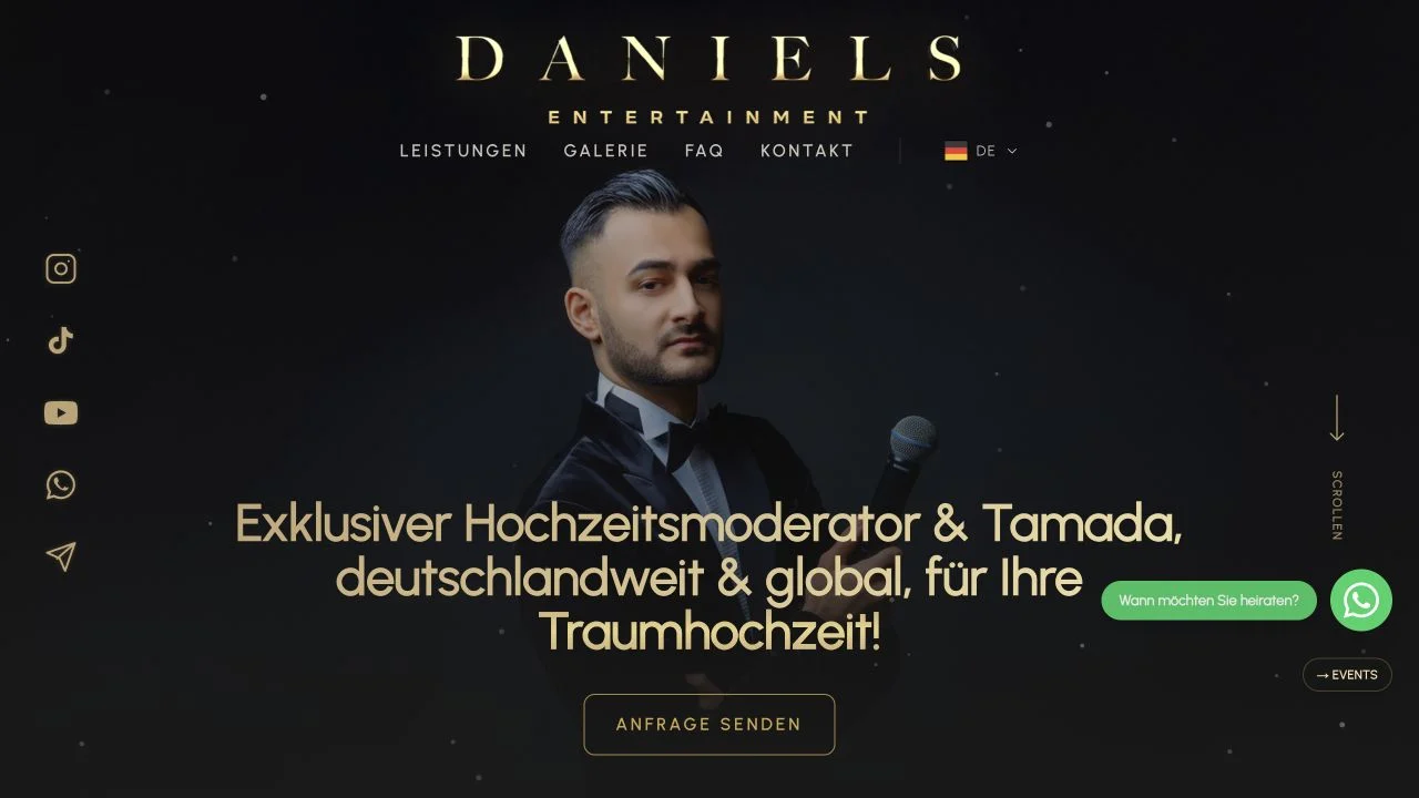 Screenshot der Daniels-Entertainment-Website mit Portrait und Hochzeitsmoderation