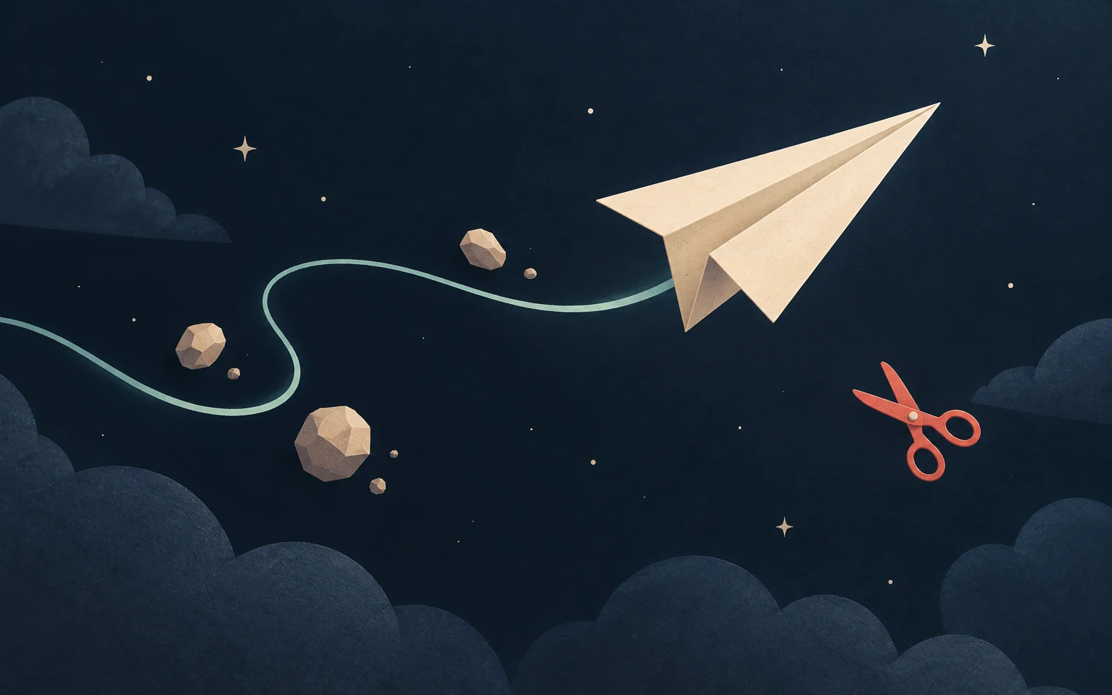Illustration eines Papierfliegers mit Flugbahn, Steinen und Scheren