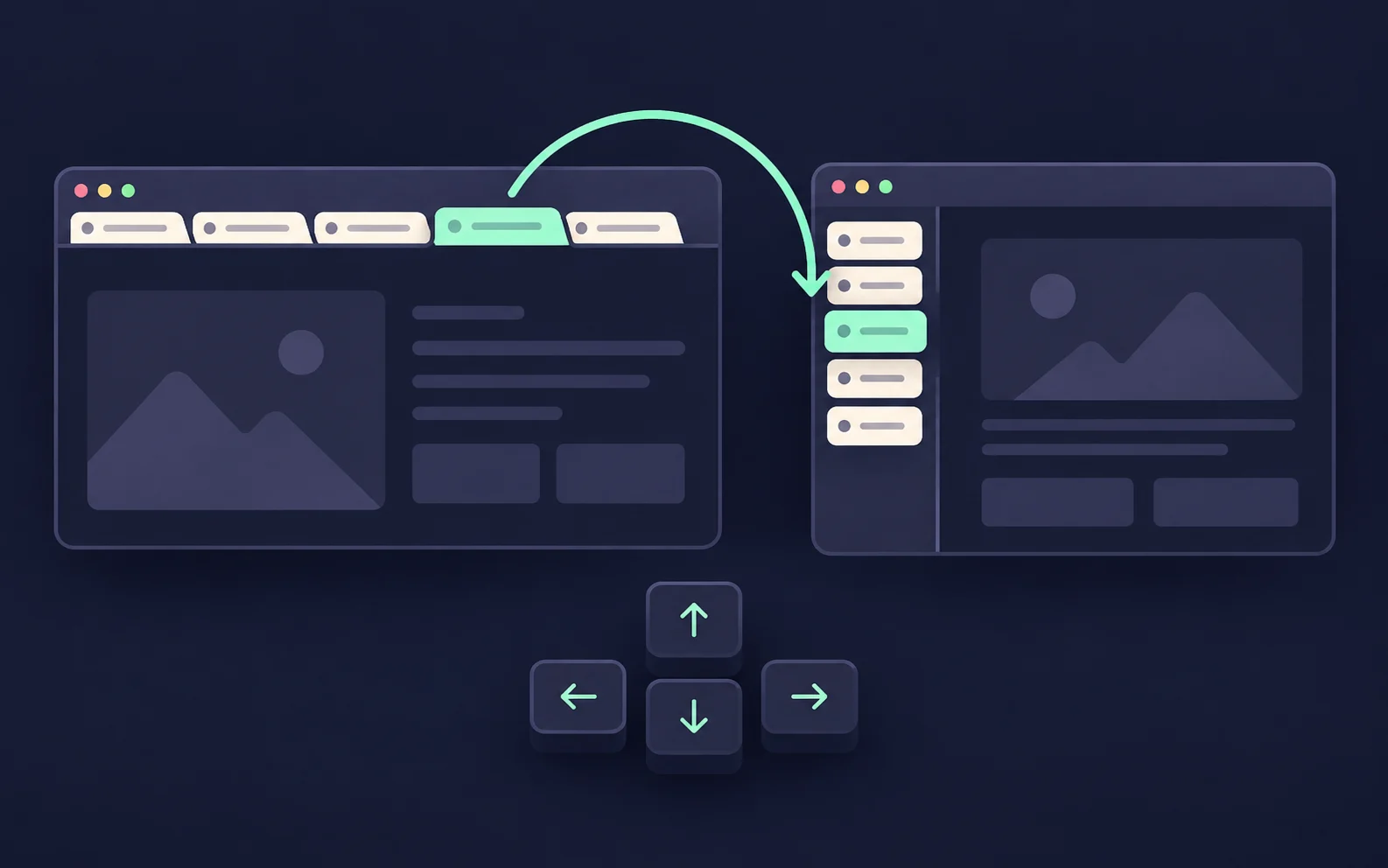 Illustration horizontaler und vertikaler Browser-Tabs mit Richtungstasten und hervorgehobenem Tab